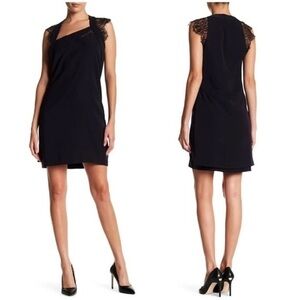 The Kooples lace cap sleeve square neck black crepe dress size small